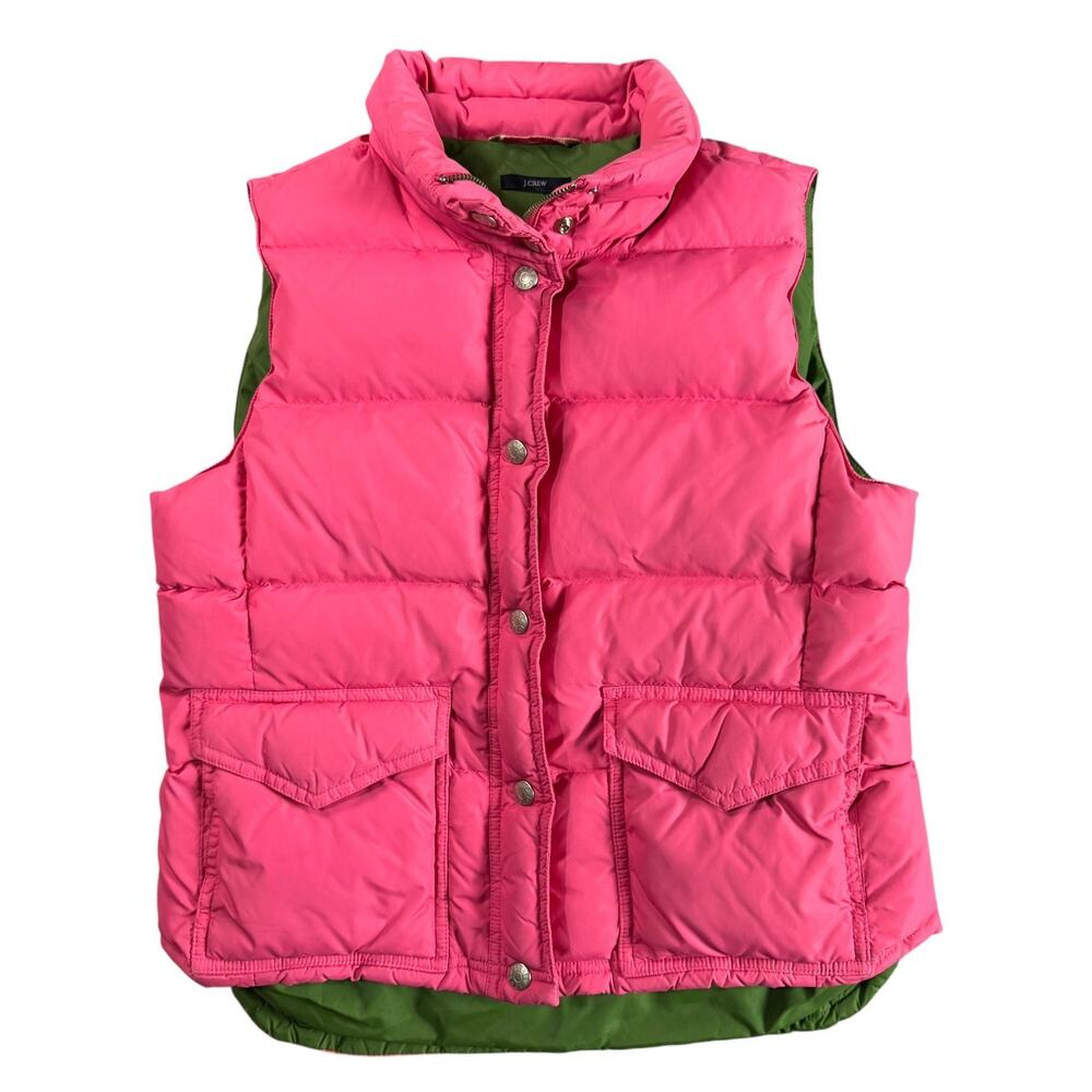 J Crew Puffer Vest Womens S Pink Green Down Fill Colorblock Snap Zip Outdoor